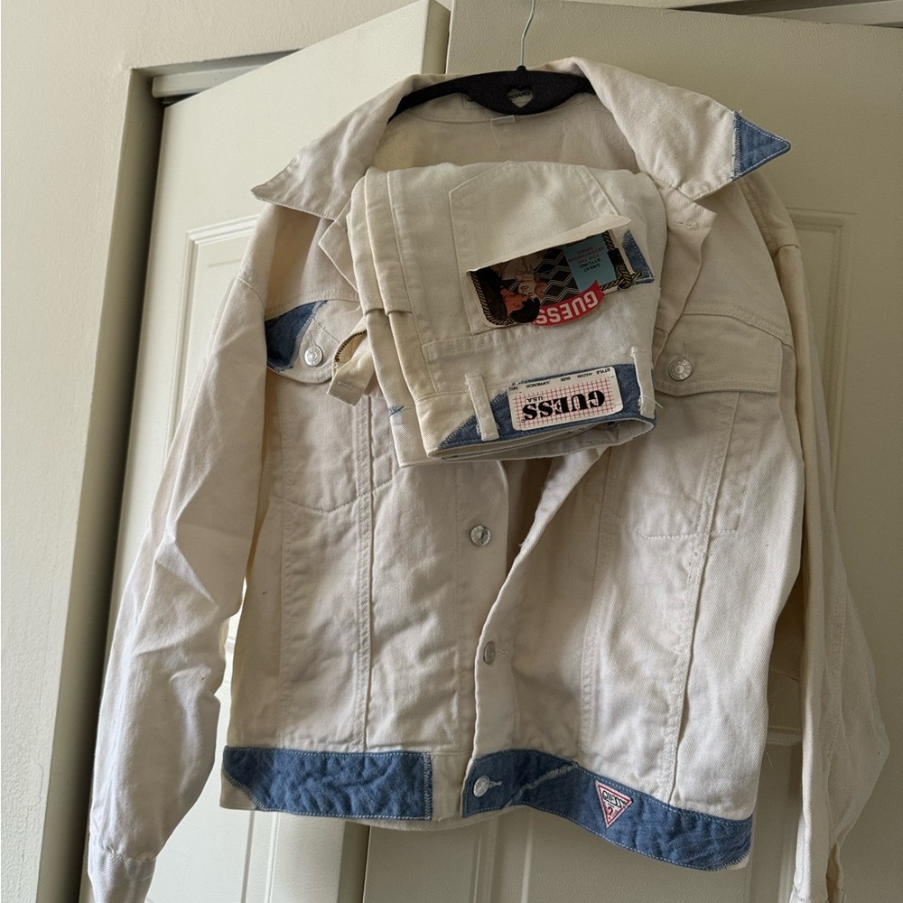 Vintage Guess White and blue patchwork mom Jeans and jean jacket set